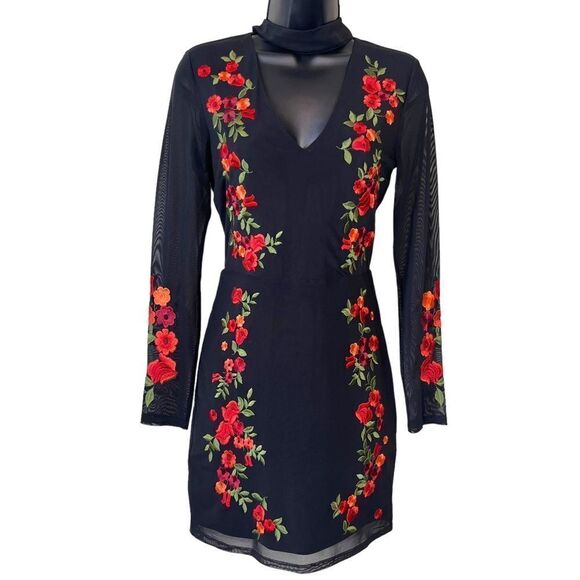 Bebe Mock Neck Floral Embroidered Mesh Dress - Picture 1 of 14